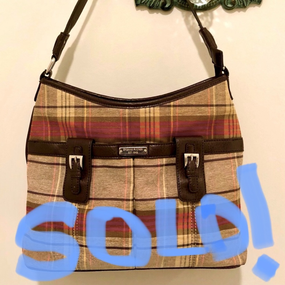 Eteinne Aigner red brown & tan plaid purse leather